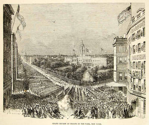 1852 Wood Engraving Art Military Parade Broadway Park New York NY Cityscape YGP2