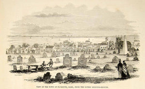 1852 Wood Engraving Plymouth Massachusetts Town Historic Graves Cemetery YGP2