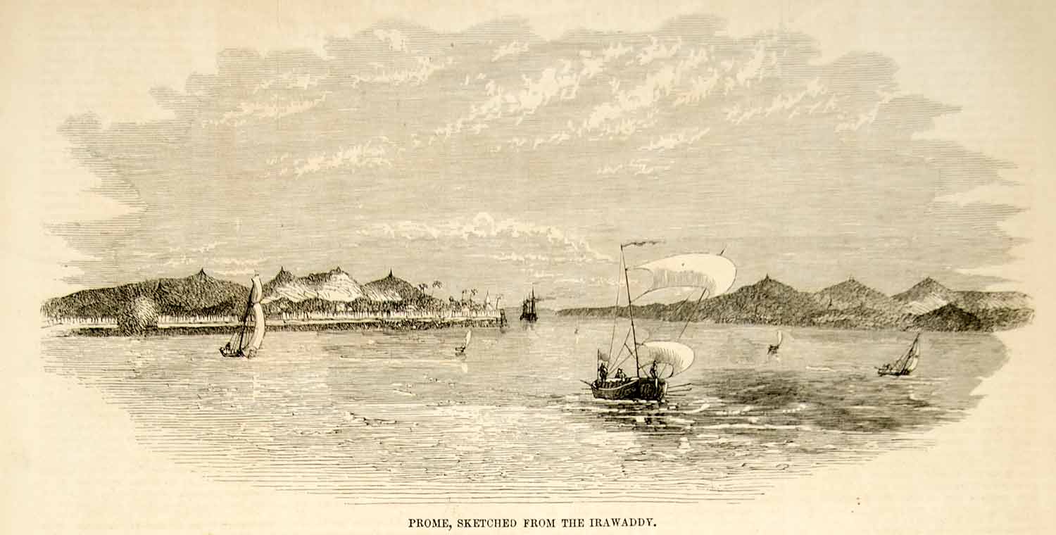 1852 Wood Engraving Pyay Prome Irrawaddy River Ayeyarwady Burma Myanmar YGP2