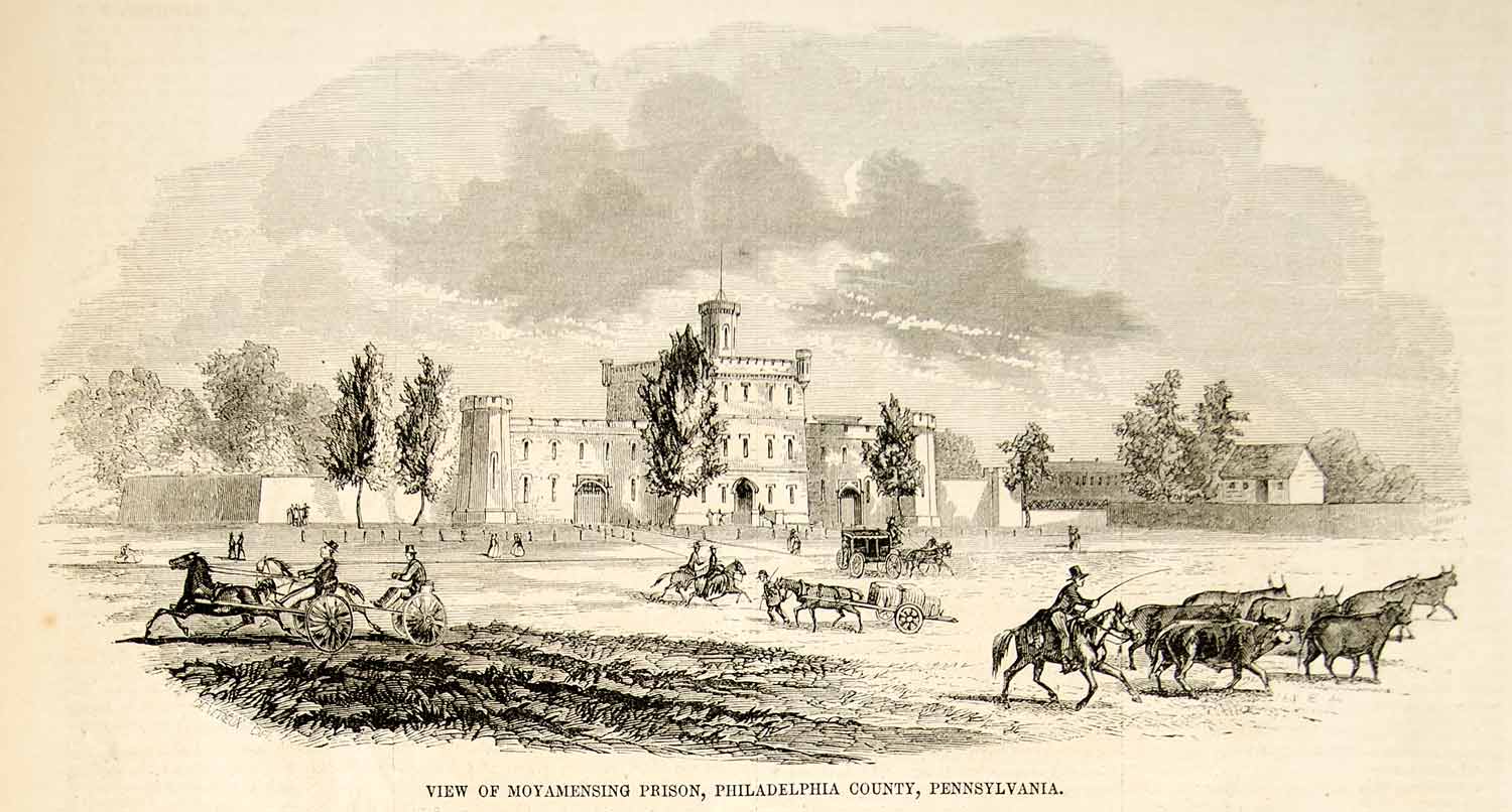 1852 Wood Engraving Moyamensing Prison Philadelphia Historic Building View YGP2