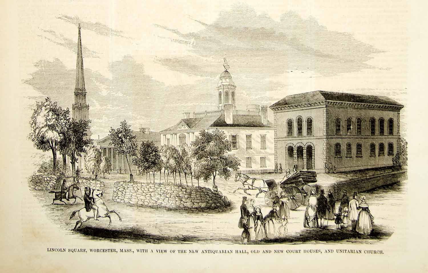 1852 Wood Engraving Worcester MA Lincoln Square Courthouse Unitarian Church YGP2
