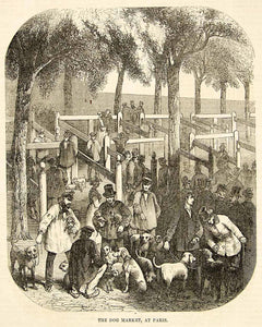 1852 Wood Engraving Dog Market Paris Buyers Sellers France Outdoor Open Air YGP2 - Period Paper
