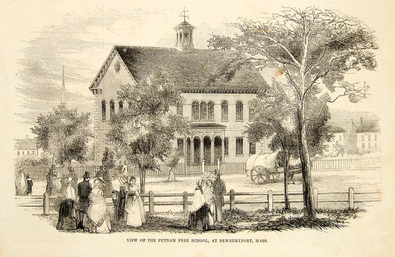 1852 Wood Engraving Putnam Free School Newburyport Massachusetts Historic YGP2