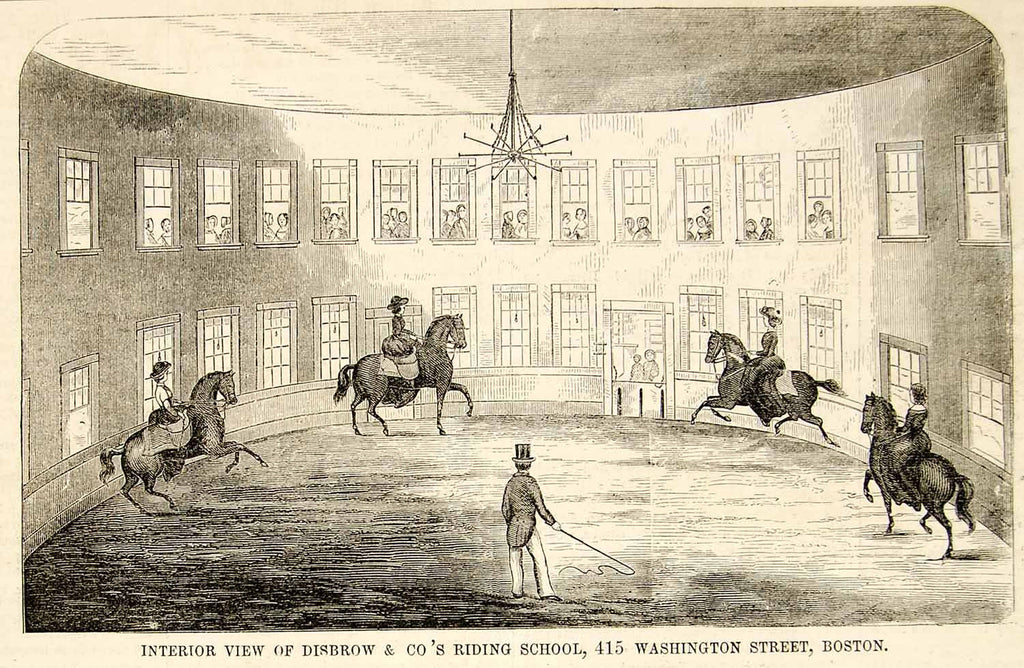 1852 Wood Engraving Disbrow Riding School 415 Washington St. Boston Horses YGP2 - Period Paper
