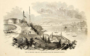 1852 Wood Engraving New York City Bay Harbor Telegraph Station Historic YGP2