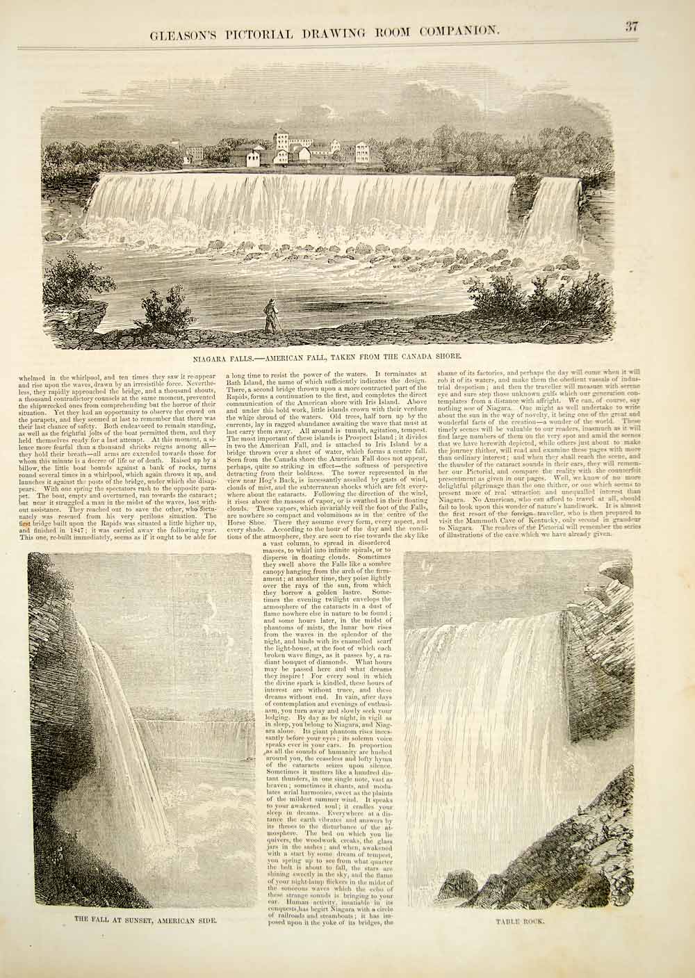 1852 Print Article Niagara Falls American Side Landmark Rapids Historic YGP2