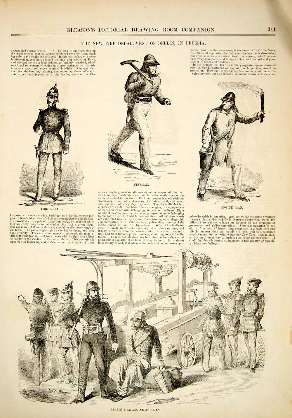 1852 Print Article Fire Fighting Berlin German Firemen Uniforms Engine Hose YGP2