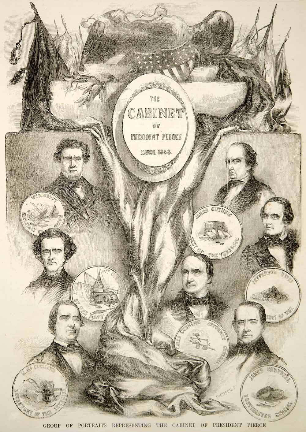 1853 Wood Engraving U. S. President Franklin Pierce Cabinet Members Portraits