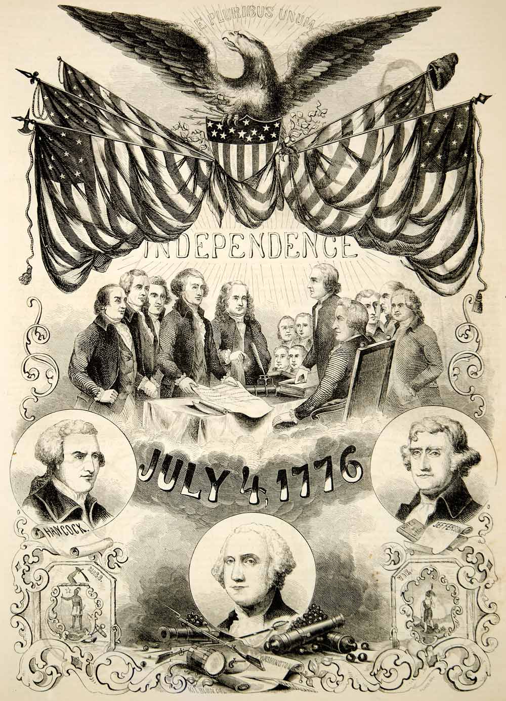 1853 Wood Engraving July 4 1776 Independence Day American Revolution Eagle Flag