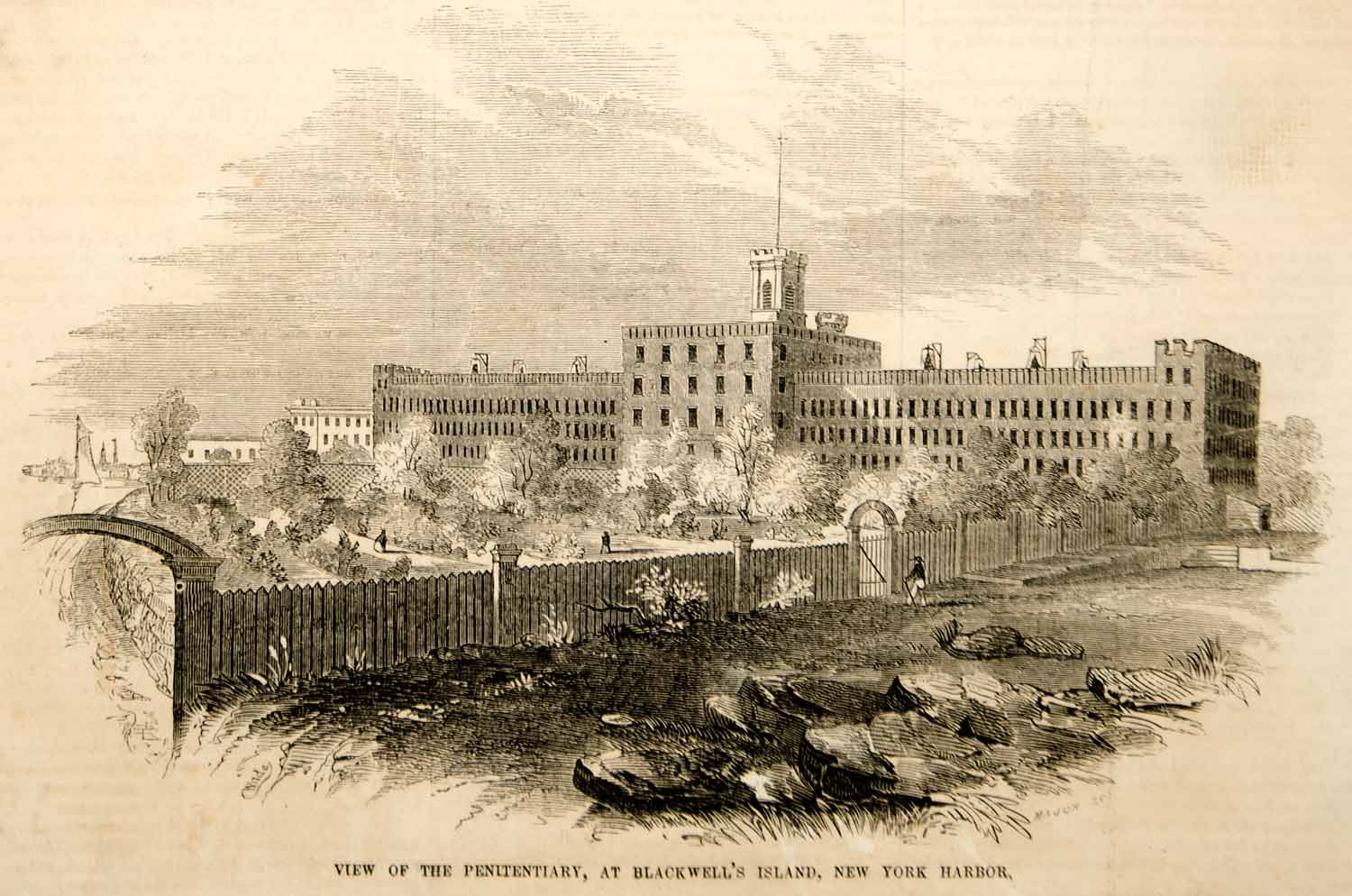 1853 Wood Engraving Penitentiary Blackwell's Island Roosevelt New York Prison