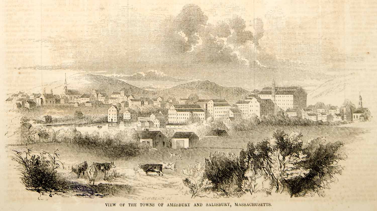 1853 Wood Engraving Amesbury Salisbury Massachusetts Towns Cityscape Buildings