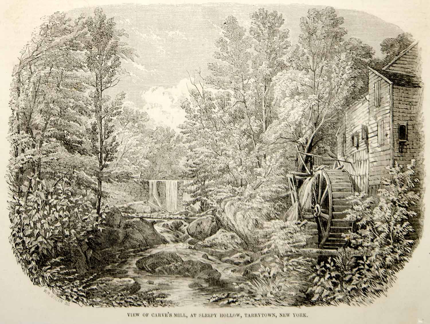 1853 Wood Engraving Carl's Mill Pocantico River Sleepy Hollow Tarrytown New York