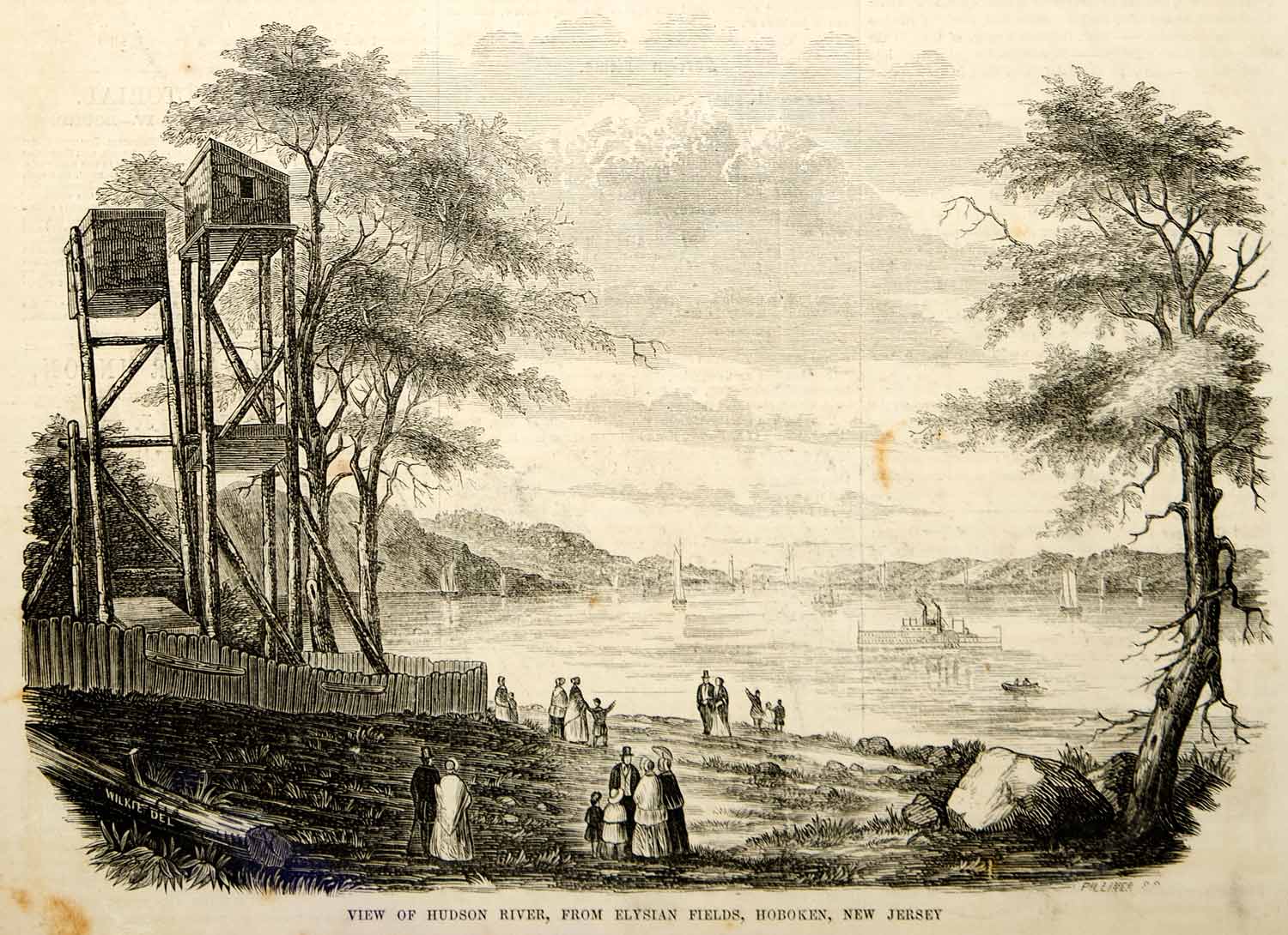 1853 Wood Engraving Hudson River Elysian Fields Hoboken New Jersey Landscape