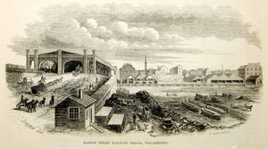 1853 Wood Engraving Market Street Railroad Bridge Schuylkill River Philadelphia