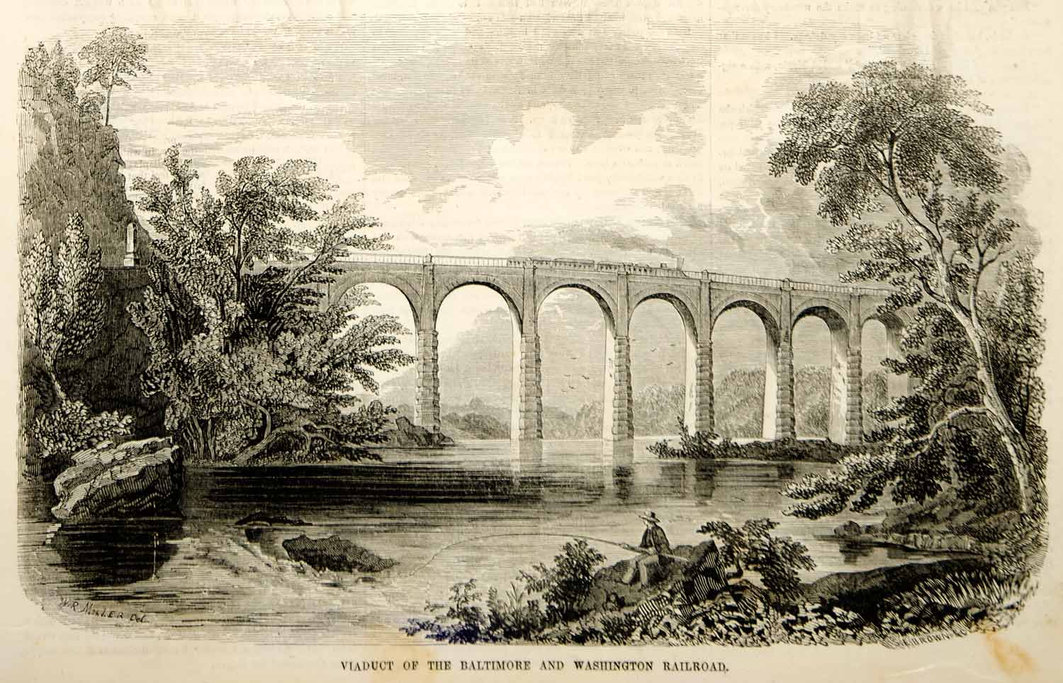 1853 Wood Engraving Thomas Viaduct B & O Railroad Bridge Train Patapsco River
