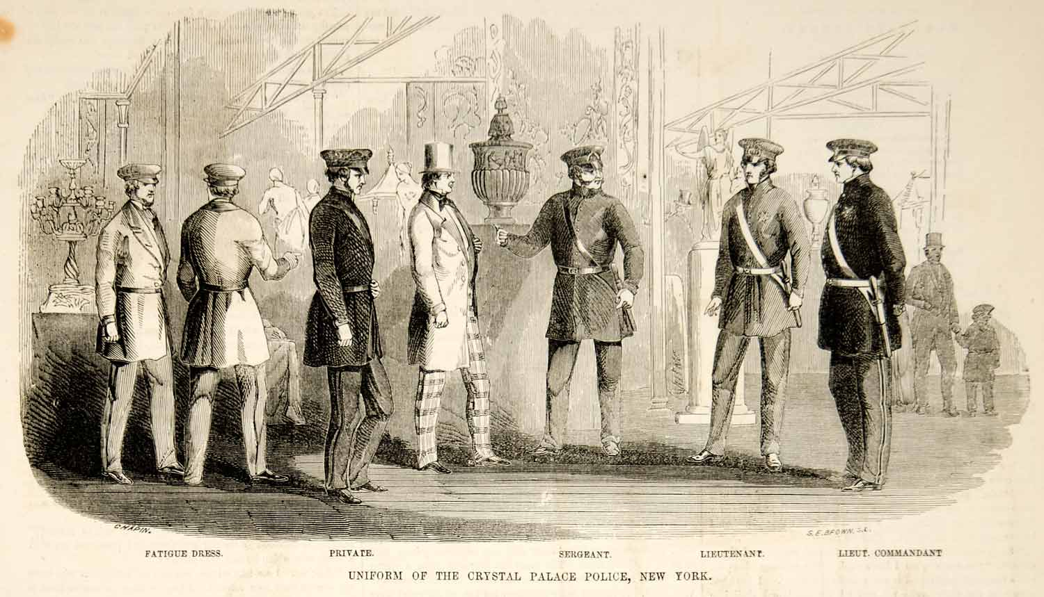 1853 Wood Engraving Crystal Palace New York Policemen Uniforms Private Sergeant