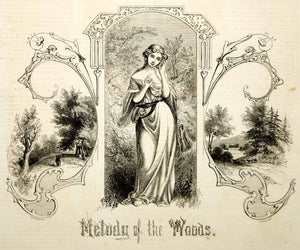 1853 Wood Engraving Woodland Landscape Allegory Goddess Woods Allegorical Scene