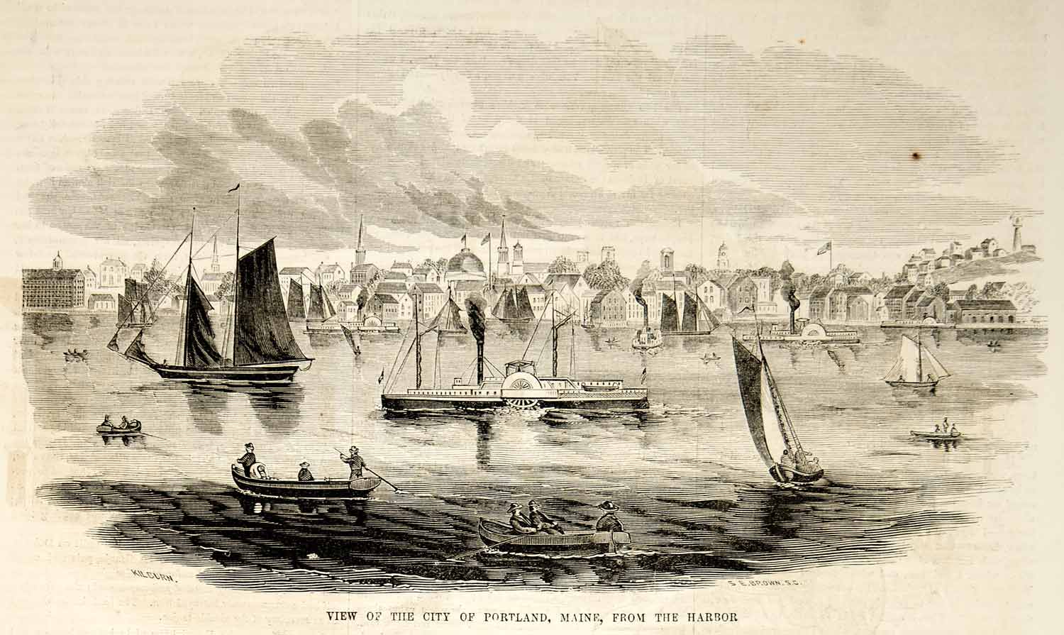 1853 Wood Engraving Portland Maine Harbor Boats City Cityscape