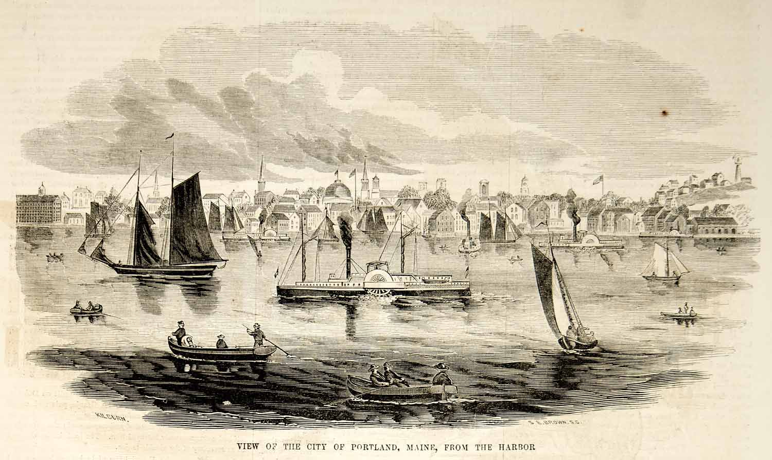 1853 Wood Engraving Portland Maine Harbor Boats City Cityscape Historic YGP3
