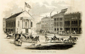 1853 Wood Engraving Portland Main City Hall Market Square Cityscape Historic