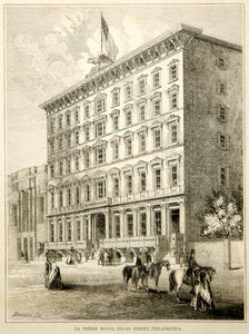 1853 Wood Engraving La Pierre House Hotel Broad Street Philadelphia Historic