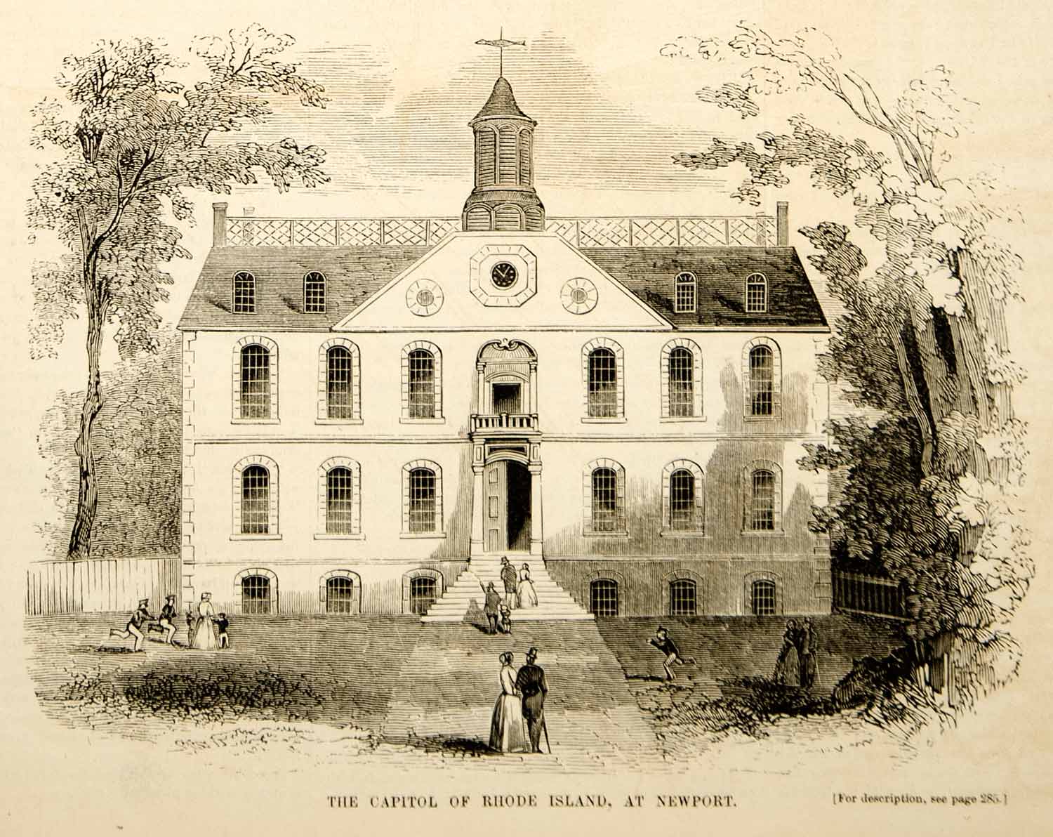 1853 Wood Engraving Old Colony State House Newport Rhode Island Capitol Historic