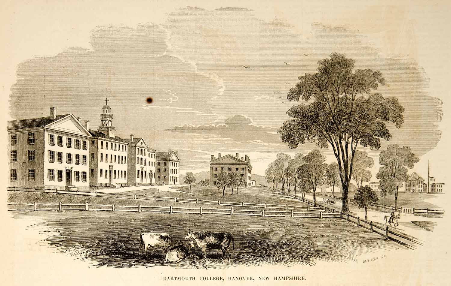 1853 Wood Engraving Dartmouth College Campus Hanover New Hampshire Historic