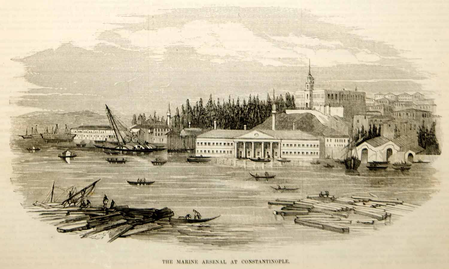 1853 Wood Engraving Constantinople Marine Arsenal Bosphorus Istanbul Antique
