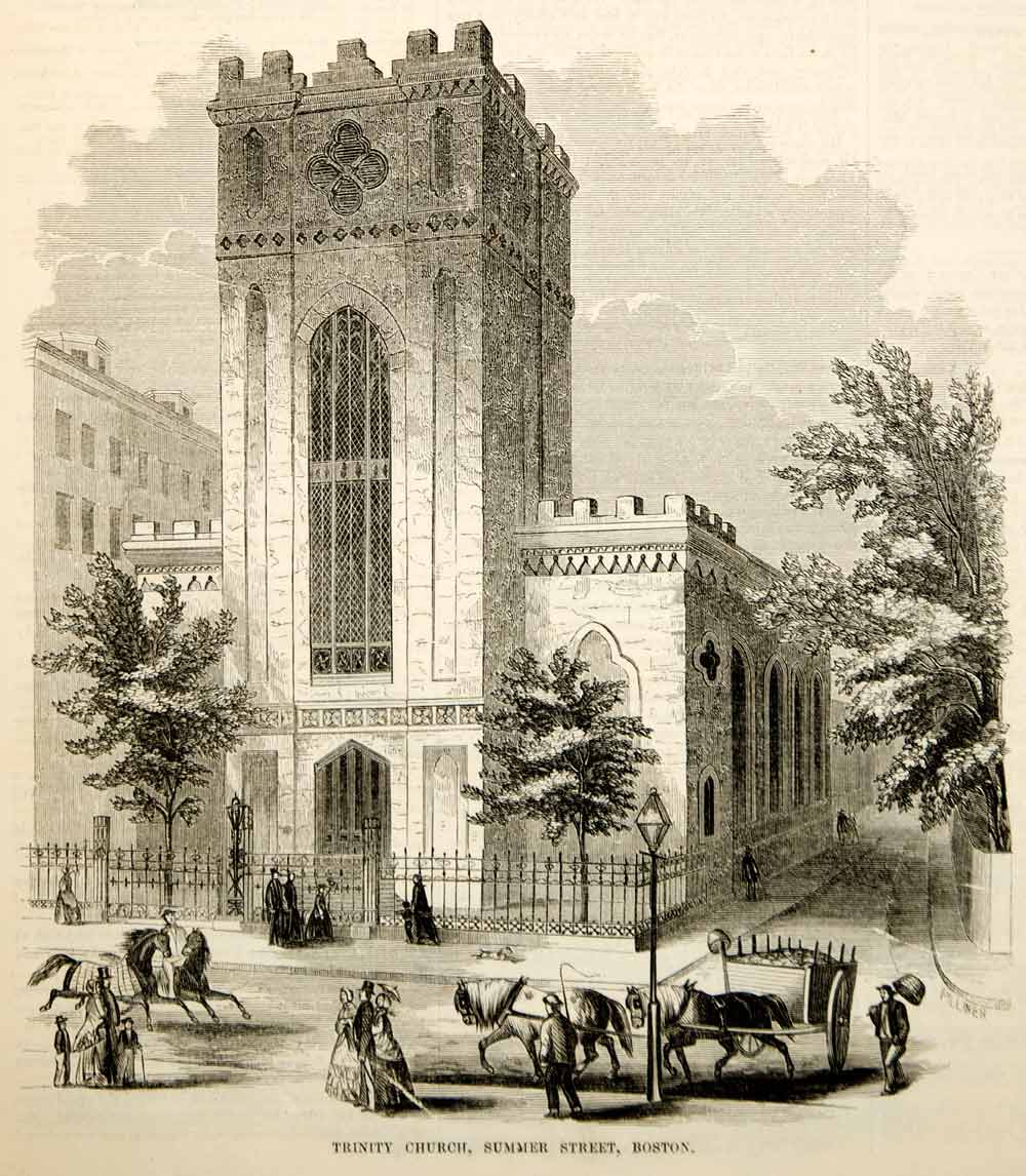 1853 Wood Engraving Second Trinity Church Summer Street Boston Episcopal Antique