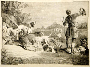 1853 Wood Engraving Deer Hunting Hunter Dogs Shooting Dead Game Animal Antique