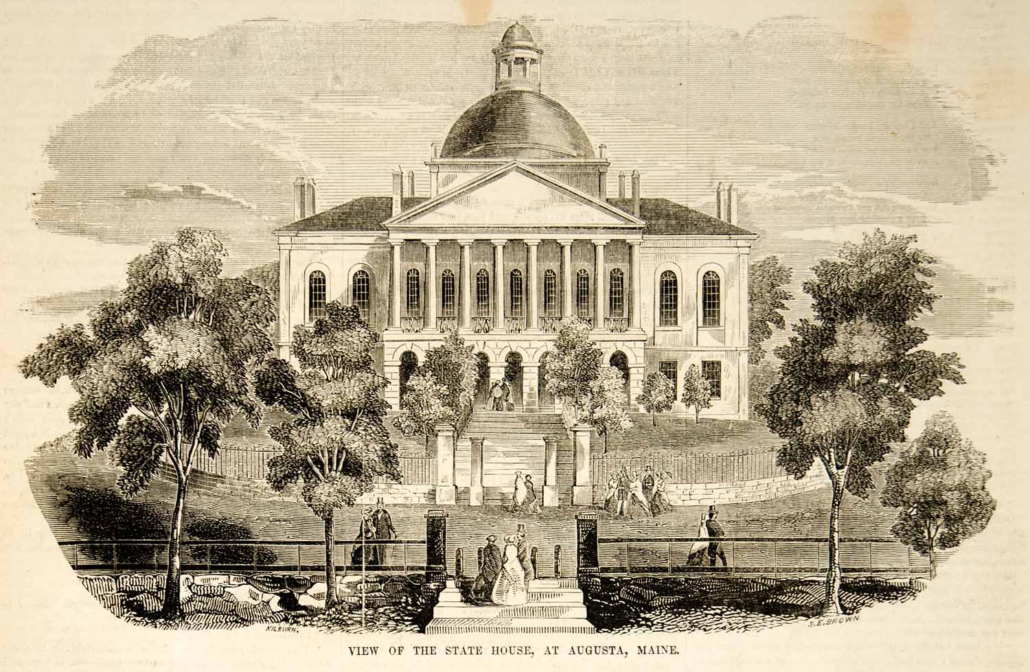 1853 Wood Engraving Augusta Maine State House Capitol Historic Building Landmark