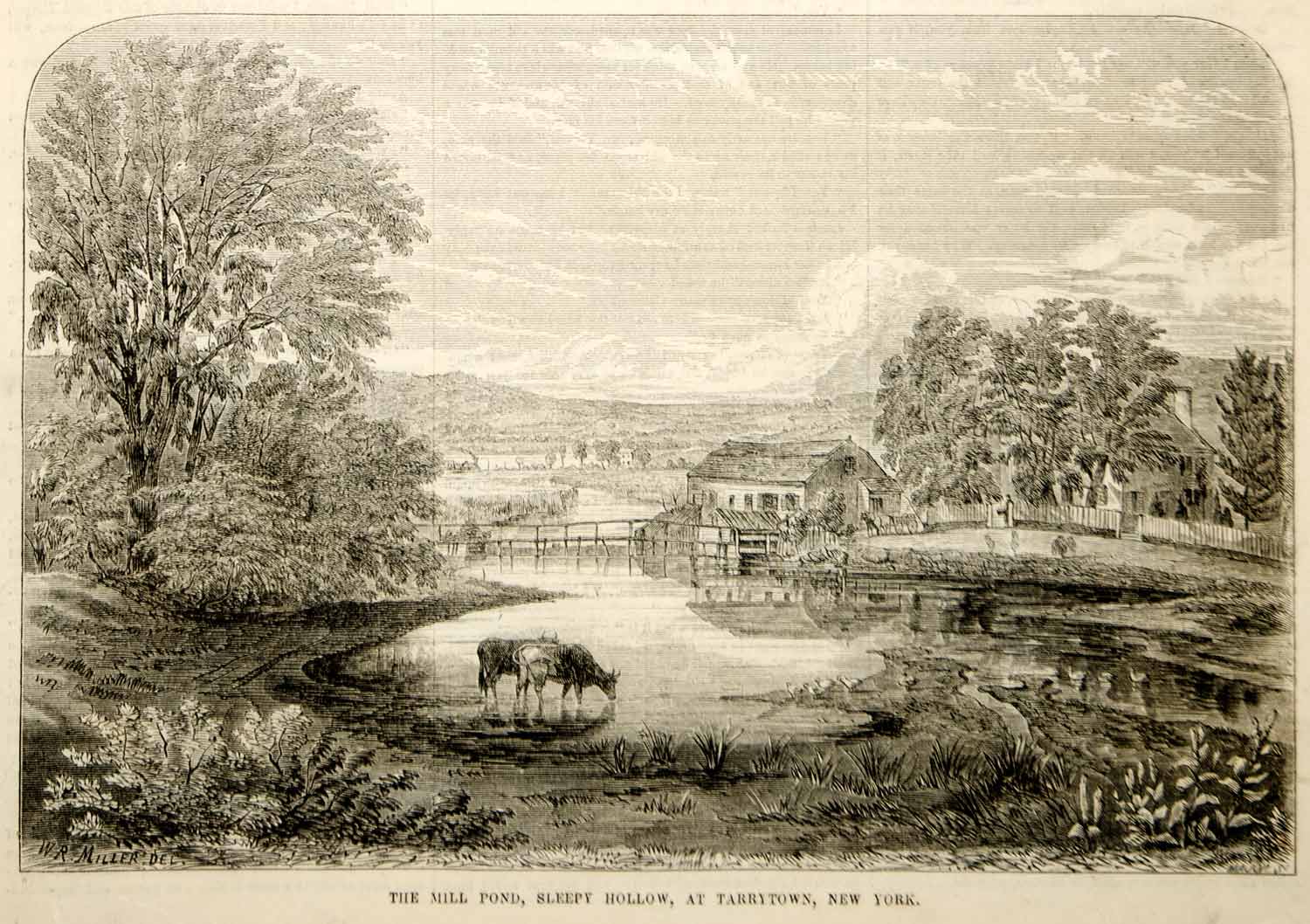 1853 Wood Engraving Mill Pond Sleepy Hollow Tarrytown NY William Rickarby Miller