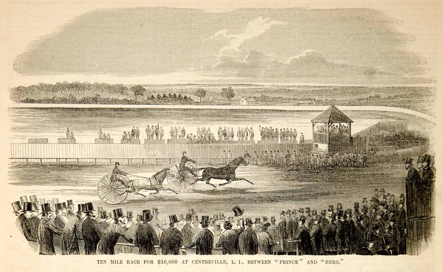 1853 Wood Engraving Centreville LI Racetrack Trotting Course Horses Harness Race