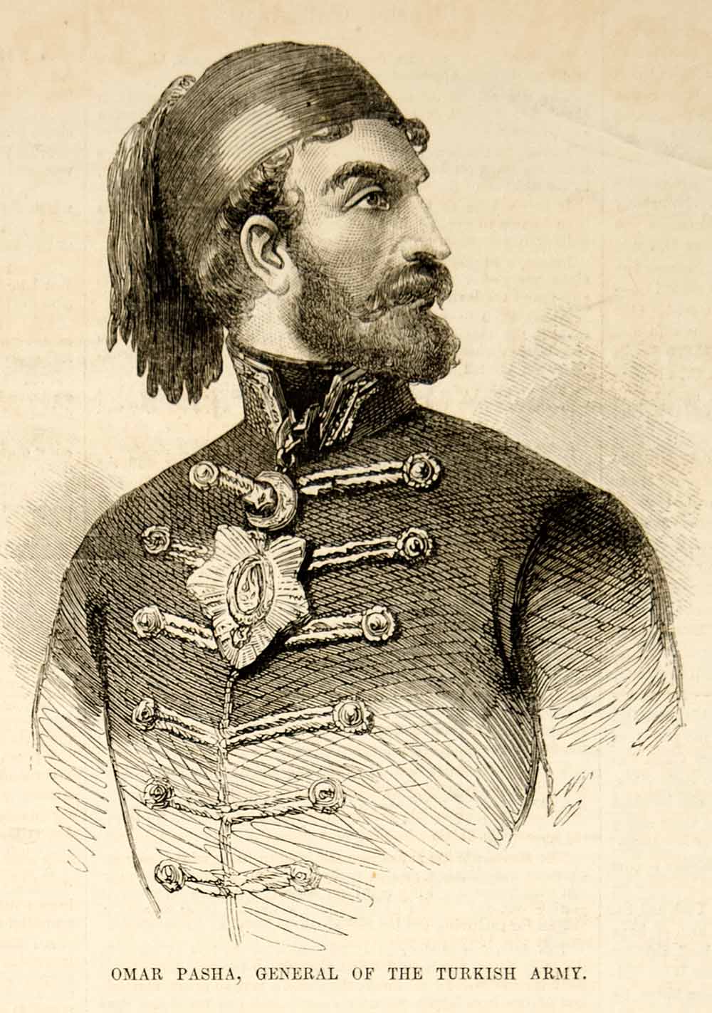 1853 Wood Engraving Omar Pasha Portrait Ottoman General Turkish Army Uniform
