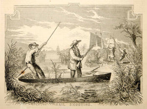 1853 Wood Engraving Rail Birds Shooting Rallidae Marshland Boats Hunters Guns