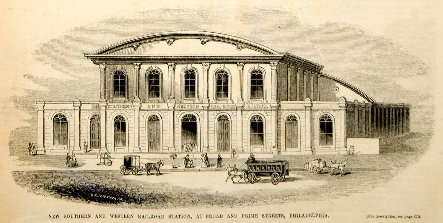 1853 Wood Engraving Southern and Western Railroad Station Philadelphia Terminal