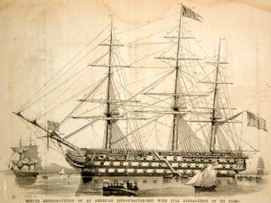 1854 Wood Engraving American Battleship Sailing Ship Sails Masts Model Historic