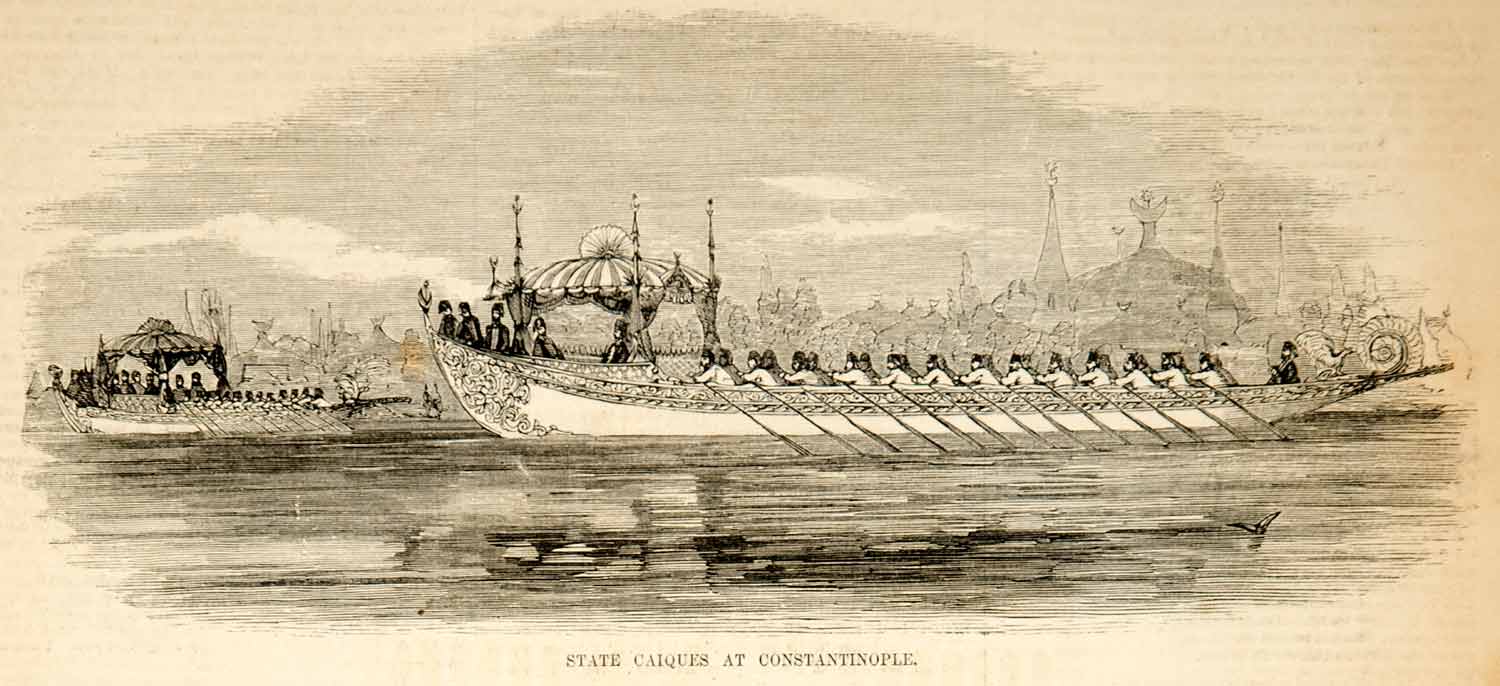 1854 Wood Engraving Ottoman Imperial Caique Turkish Ship Boat Constantinople