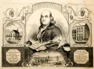 1854 Engraving Benjamin Franklin Founding Father Birthplace Grave Site Quotes