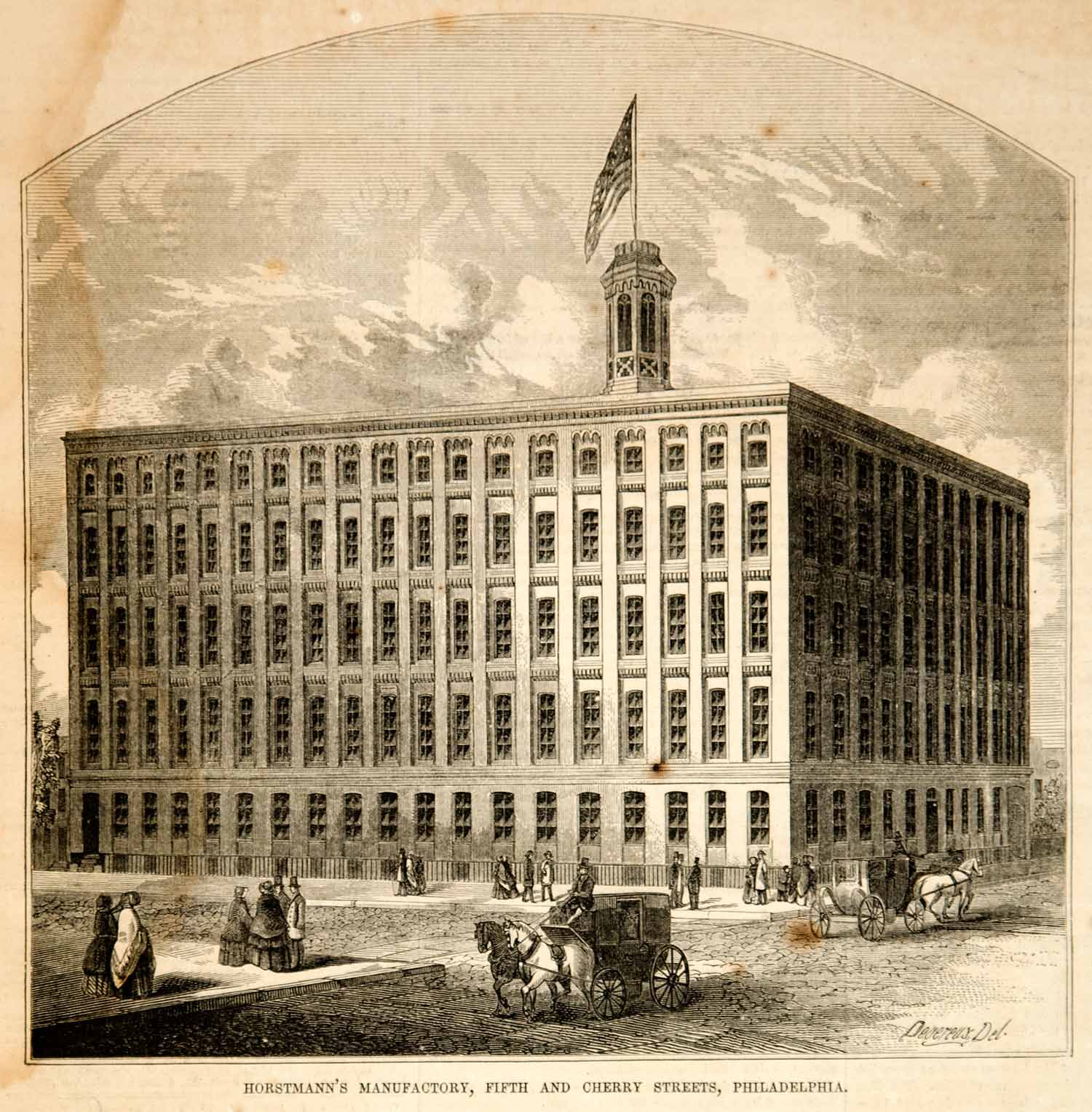 1854 Wood Engraving William H. Horstmann Factory Building Philadelphia Historic