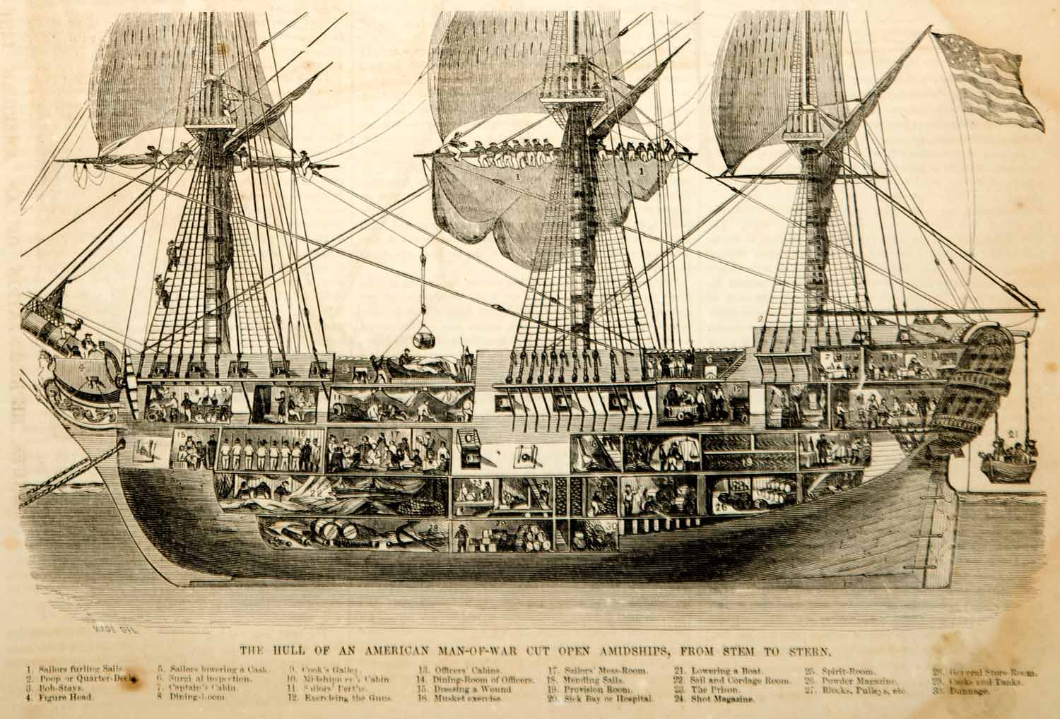 1854 Wood Engraving American Man-of-War Warship Ship Interior Diagram Historic