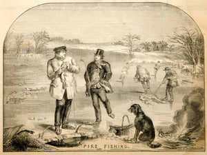 1854 Wood Engraving Ice Fishing Northern Pike Fish Fishermen Winter Dog Antique