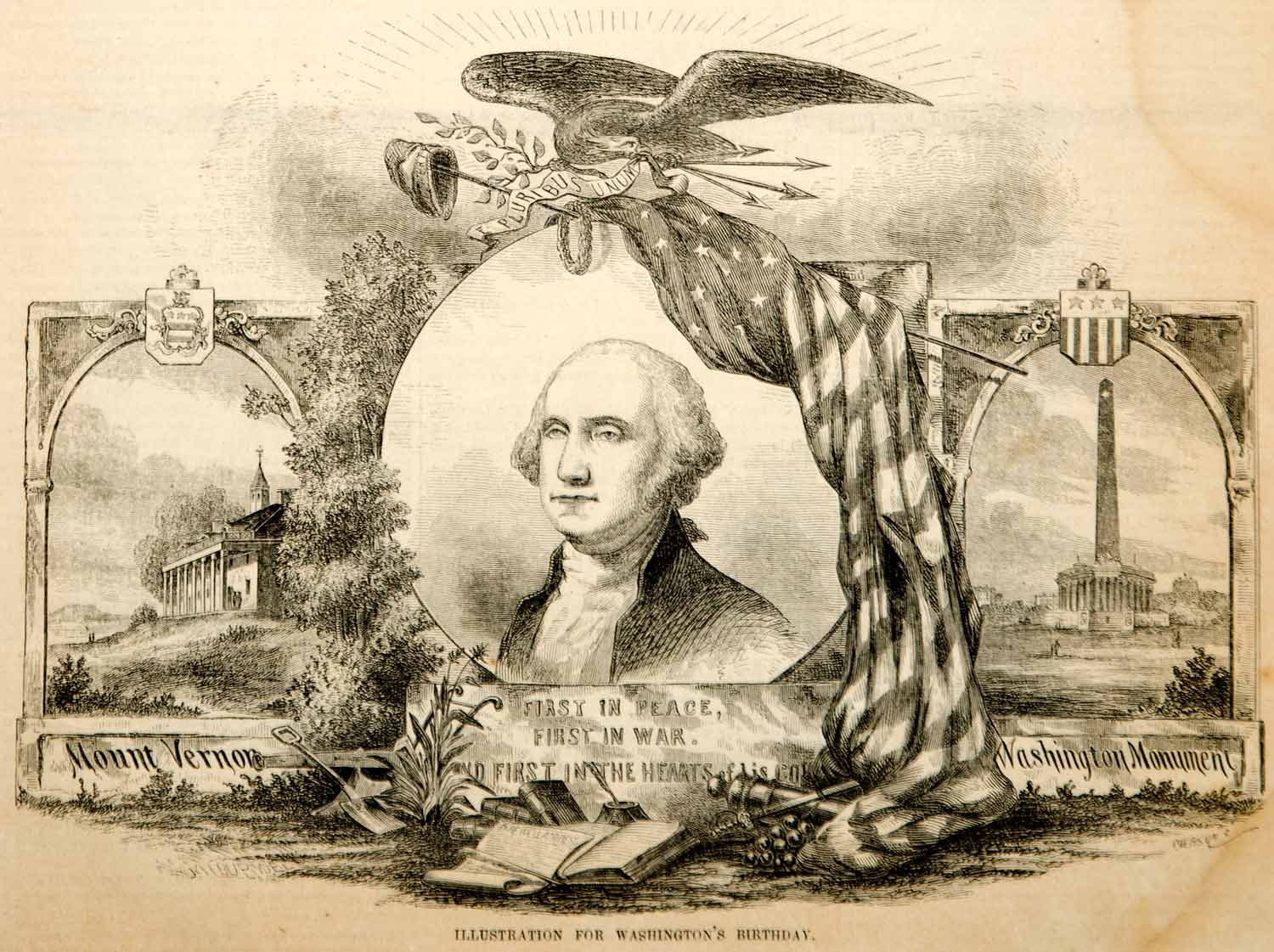 1854 Wood Engraving George Washington Portrait Mount Vernon Monument Antique