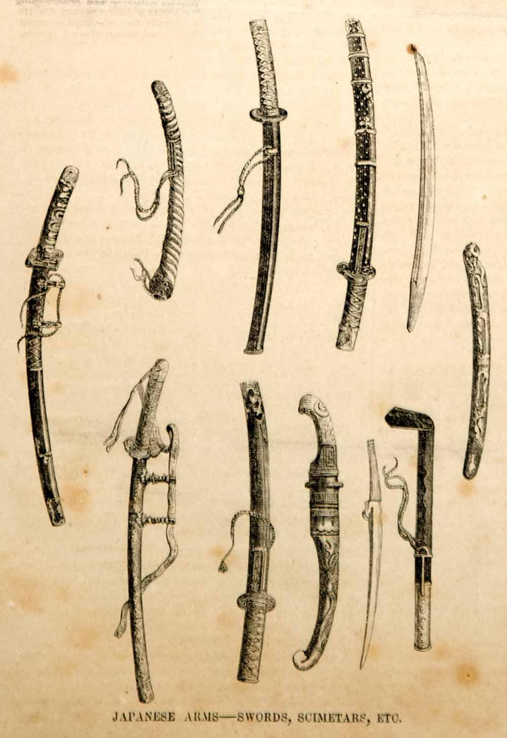 1854 Engraving Japanese Weapons Arms Swords Scimitars Japan Historic Antique