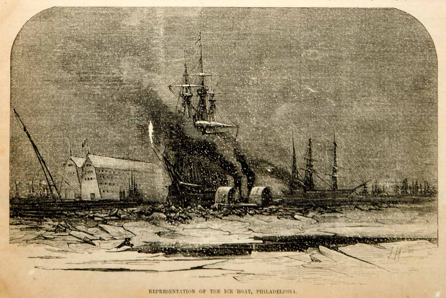 1854 Wood Engraving USS Ice Boat Philadelphia Harbor Towing Sailing Ship Antique