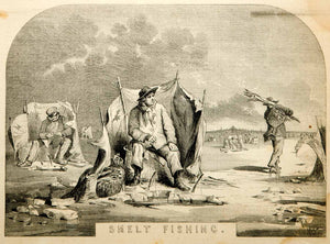 1854 Wood Engraving Ice Fishing Smelt Fish Fishermen Winter Shelters Antique