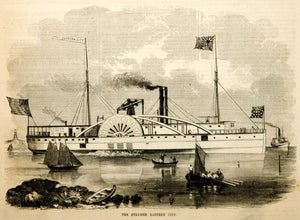 1854 Wood Engraving SS Eastern City Steamer Steamboat Paddlewheel Boat Antique