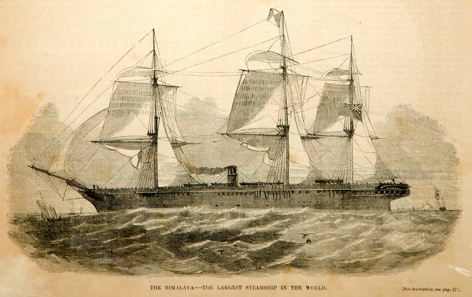 1854 Wood Engraving HMS Himalaya Steamship British Navy Troop Ship Sailing Sails