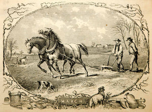 1854 Engraving Spring Farming Horses Plow Yankee Farmer Agriculture Antique Art
