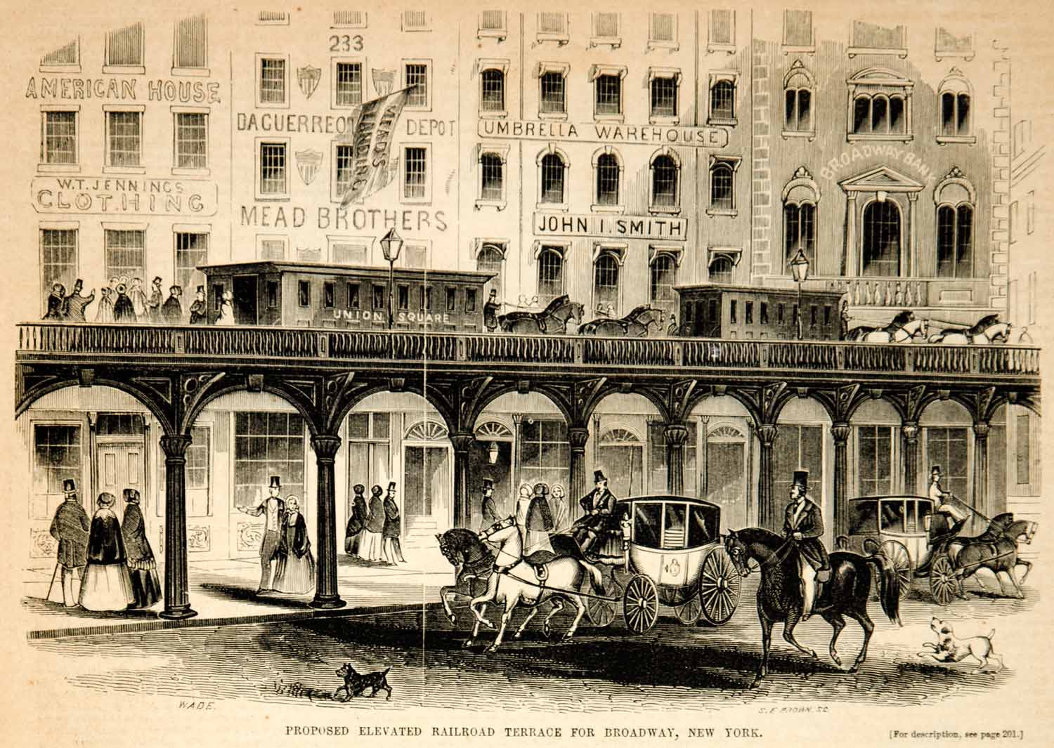 1854 Wood Engraving Elevated Railroad Railway Broadway New York City Historic